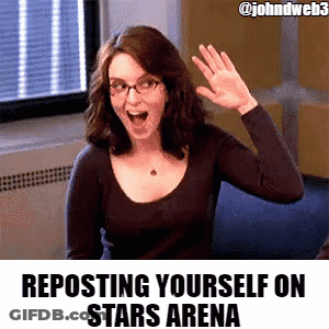 A Gif Of A Woman Waving With The Words Reposting Yourself On Stars Arena Below Her GIF