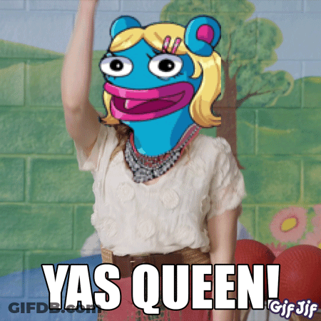 A GIF Of A Woman With A Cartoon Character On Her Head And The Words Yas Queen GIF