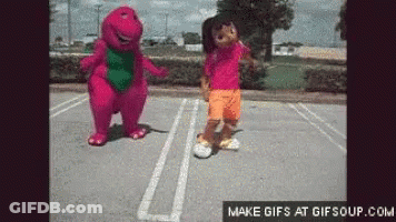 A Gif Of Barney And Dora Doing A Dance In A Parking Lot GIF