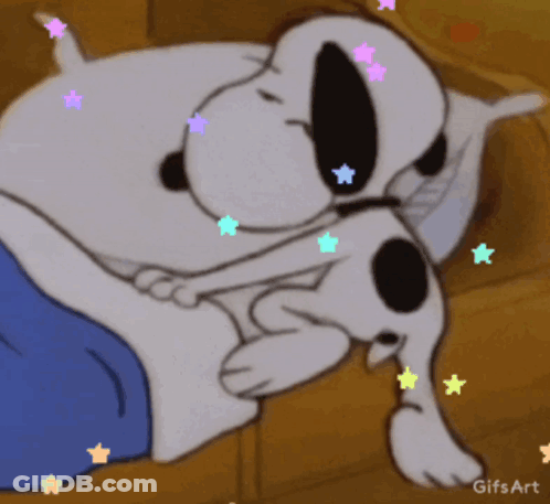 A Gif Of Snoopy Sleeping On A Bed With Stars Around Him GIF