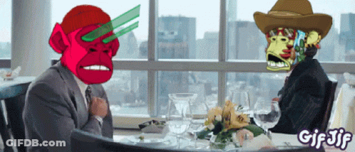 A Gif Of Two Monkeys Sitting At A Table With The Words Gif Jif On The Bottom GIF