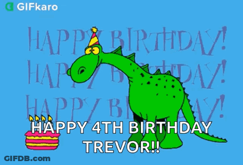 A Gifkaro Greeting Card With A Green Dinosaur Eating A Cake GIF