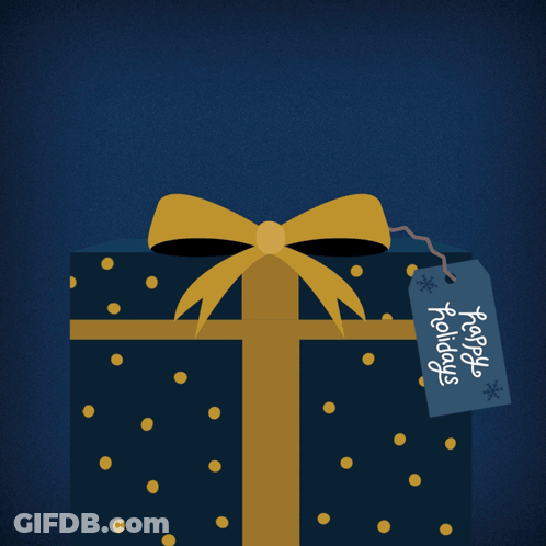 A Gift Box With A Penguin Inside And A Tag That Says Happy Holidays GIF