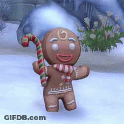 A Gingerbread Man Is Holding A Candy Cane And Wearing A Scarf GIF
