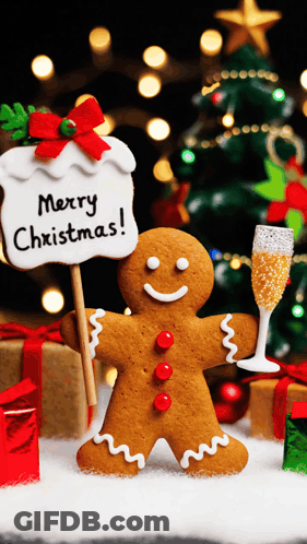 A Gingerbread Man Is Holding A Glass Of Champagne And A Sign That Says Merry Christmas GIF