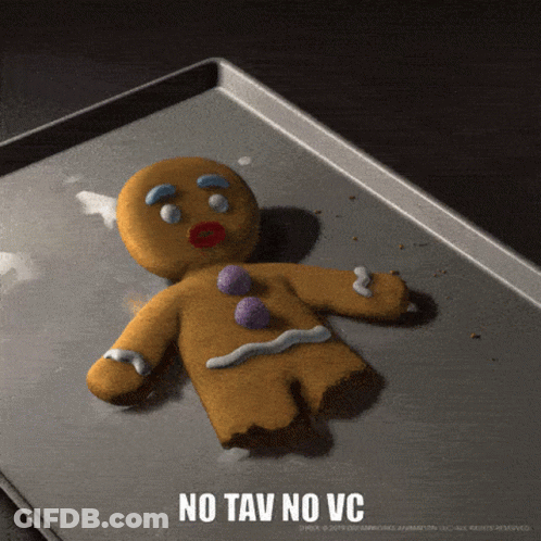 A Gingerbread Man Is Laying On A Pan With The Words No Tav No Vc Written Below It GIF