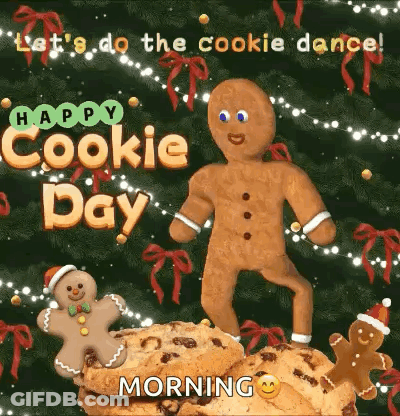A Gingerbread Man Is Standing On Top Of A Pile Of Cookies On A Happy Cookie Day Greeting Card . GIF