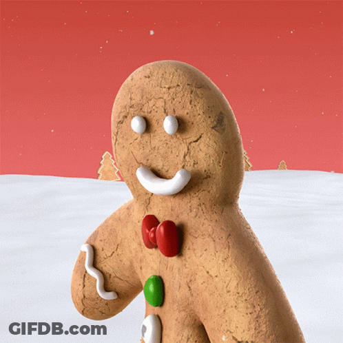 A Gingerbread Man With A Bow Tie And Red And Green Decorations GIF
