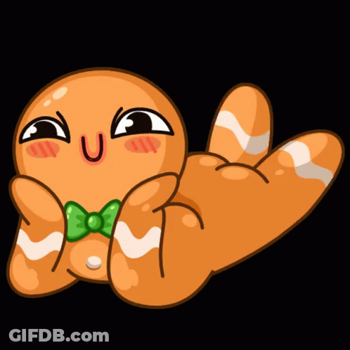 A Gingerbread Man With A Bow Tie Is Laying Down GIF