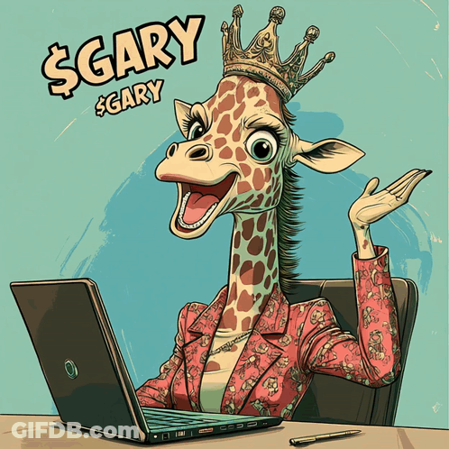 A Giraffe Wearing A Crown Is Sitting At A Desk With A Laptop And The Words $ Gary $ Gary Above Her GIF