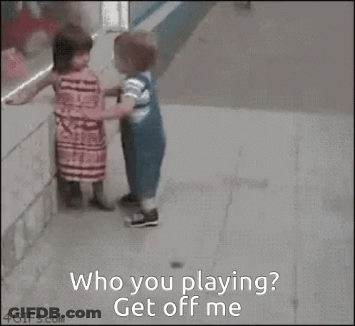A Girl And A Boy Are Playing With A Basketball And The Girl Asks The Boy To Get Off Her GIF