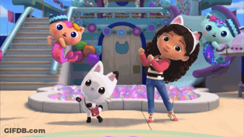 A Girl And A Cat Are Dancing In Front Of A Slide GIF