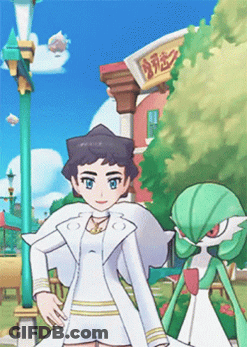 A Girl And A Green Pokemon Are Standing In Front Of A Building With A Sign That Says Time GIF