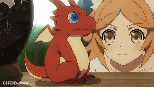 A Girl And A Red Dragon With Blue Eyes GIF