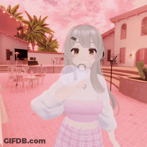 A Girl Blowing A Bubble Gum In Front Of A Pink House GIF