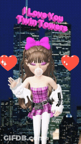 A Girl Blowing A Bubble With The Words " I Love You Twin Towers " Above Her GIF
