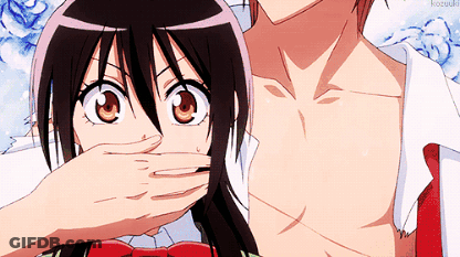 A Girl Covering Her Mouth With Her Hand Next To A Man 'S Chest GIF