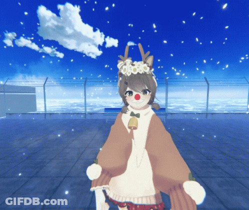 A Girl Dressed As A Reindeer With A Bell On Her Shoulder GIF