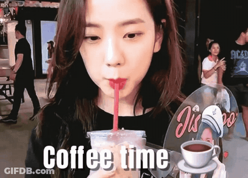 A Girl Drinking A Cup Of Coffee With A Red Straw And The Words Coffee Time Written On The Bottom GIF