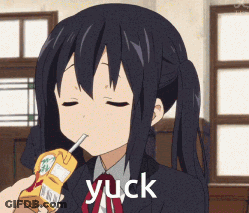 A Girl Drinking From A Carton With A Straw And The Word Yuck Above Her GIF