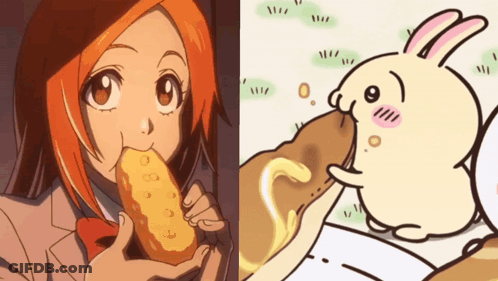 A Girl Eating A Fried Chicken Nugget Next To A Cartoon Of A Bunny GIF
