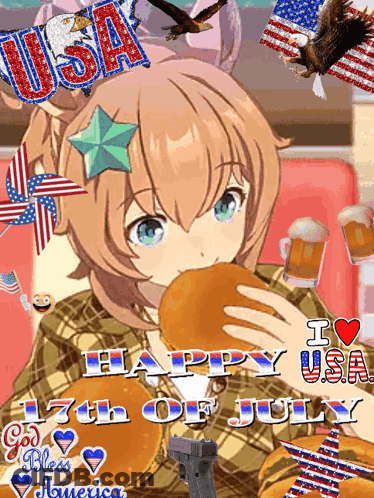 A Girl Eating A Hamburger With The Words Happy July 17Th On The Bottom GIF