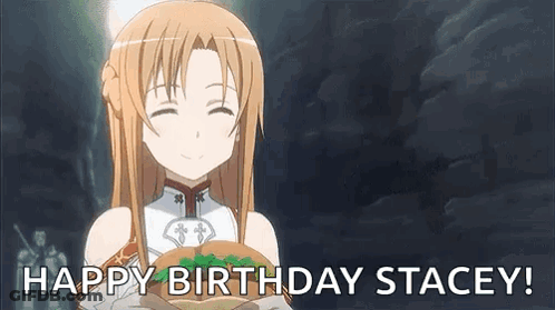 A Girl From Sword Art Online Is Holding A Hamburger In Her Hand And Smiling . GIF