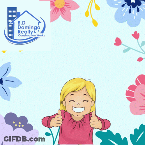 A Girl Gives A Thumbs Up In Front Of A B.d. Domingo Realty Logo GIF