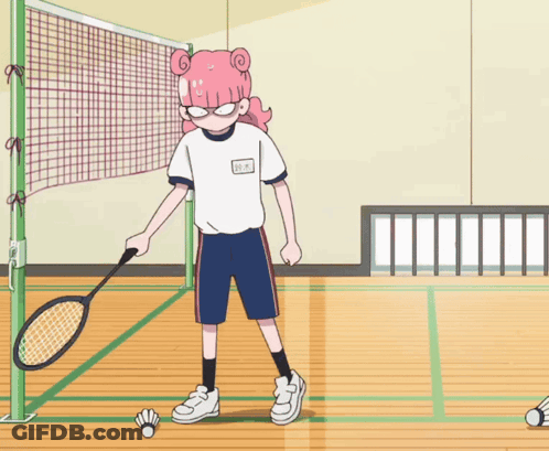 A Girl Holding A Badminton Racquet With A Name Tag That Says ' Aoyama ' On It GIF