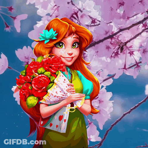 A Girl Holding A Bouquet Of Red Roses And A Fan GIF