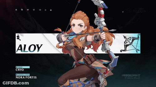 A Girl Holding A Bow And Arrow With The Name Aloy On It GIF