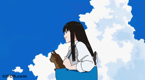 A Girl Holding A Cat In A Blue Bag Against A Blue Sky GIF