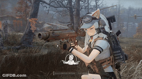 A Girl Holding A Gun In A Video Game That Says ' Spooky Execute Critical ' On The Bottom GIF