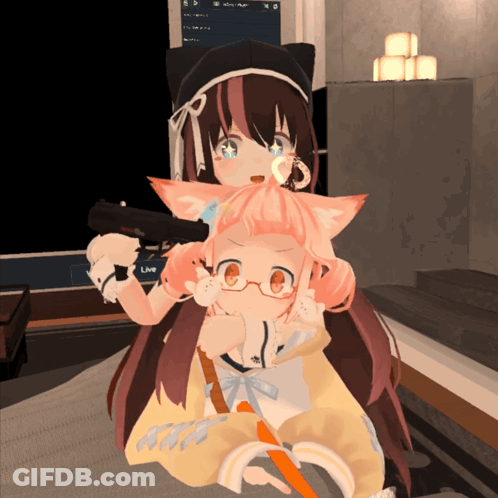 A Girl Holding A Gun Next To Another Girl With The Word Live In The Corner GIF