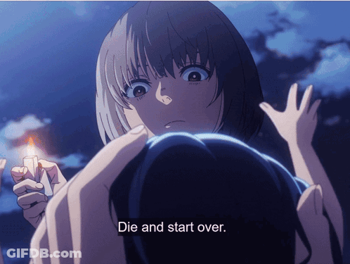 A Girl Holding A Lighter With The Words Die And Start Over Underneath Her GIF