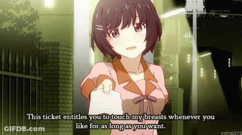 Girl Holding Ticket Saying Touch My Breasts GIF