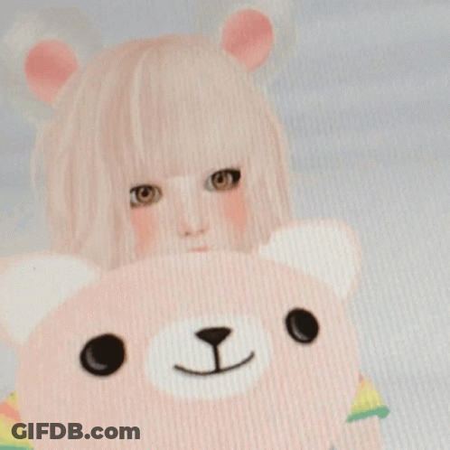 A Girl Holding A Pink Teddy Bear With A Smile On Its Face GIF