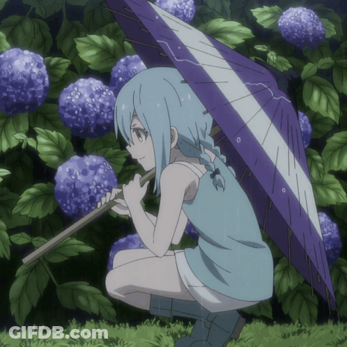 A Girl Holding A Purple And White Umbrella In The Rain GIF