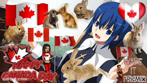 A Girl Holding A Rabbit In Front Of A Canadian Flag And The Words Happy Canada Day GIF