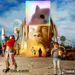 A Girl Holding A Rocket And A Boy Holding A Cup Standing In Front Of A Giant Face GIF