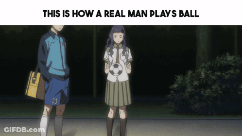 A Girl Holding A Soccer Ball Next To A Boy With The Number 33 GIF