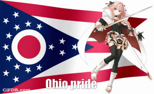 A Girl Holding A Sword In Front Of An Ohio Flag That Says Ohio Pride GIF