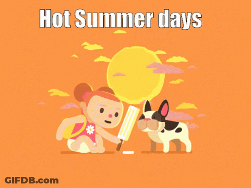 A Girl Holding An Ice Cream Cone Next To A Dog With The Words Hot Summer Days Above Them GIF