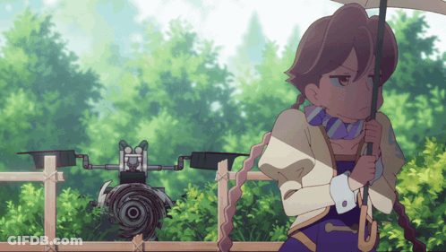 A Girl Holding An Umbrella Stands In Front Of A Robot GIF