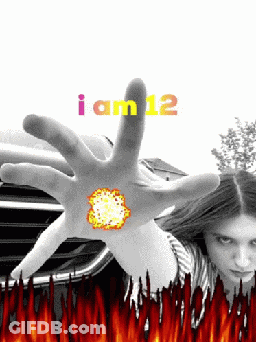A Girl Holds Out Her Hand In Front Of A Car With The Words " I Am 12 " Above Her GIF