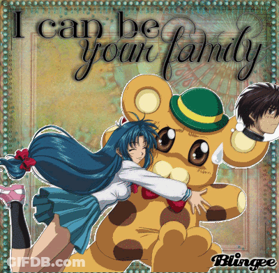 A Girl Hugging A Teddy Bear With The Words " I Can Be Your Family " GIF