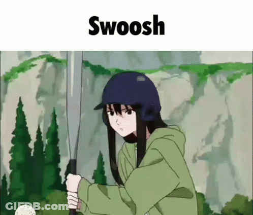 A Girl In A Baseball Helmet Is Swinging A Bat And The Word Swoosh Is Above Her . GIF