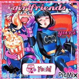 A Girl In A Batman Costume Is Sitting Next To A Girl In A Superhero Costume GIF