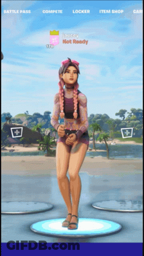 A Girl In A Bikini Is Dancing In A Video Game With The Name Jaucey Not Ready At The Top GIF
