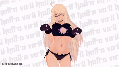 A Girl In A Bikini Stands In Front Of A Wall That Says Hall-A-Var-Ll GIF